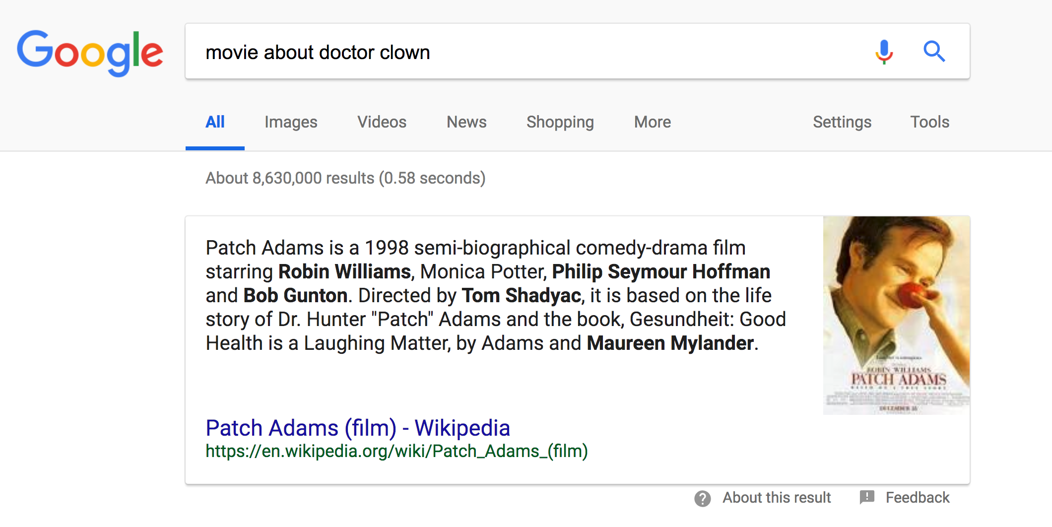 Patch Adams Featured Snippet