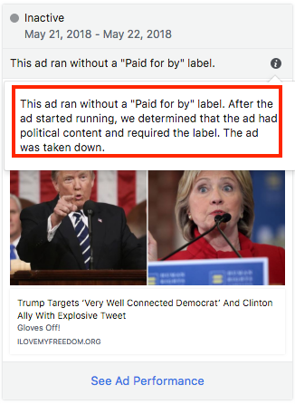 Facebook political ad without 'paid for by' label, featuring Donald Trump and Hillary Clinton