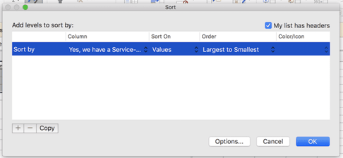 Sort window in Excel