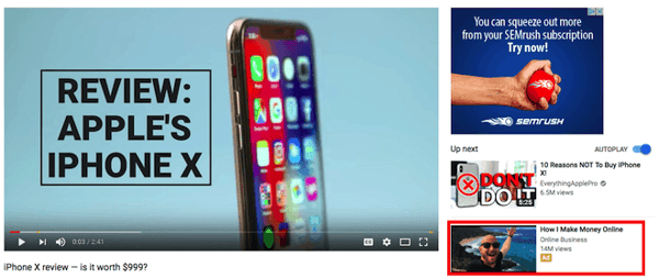 YouTube video with TrueView Discovery ad to the right with other suggested videos