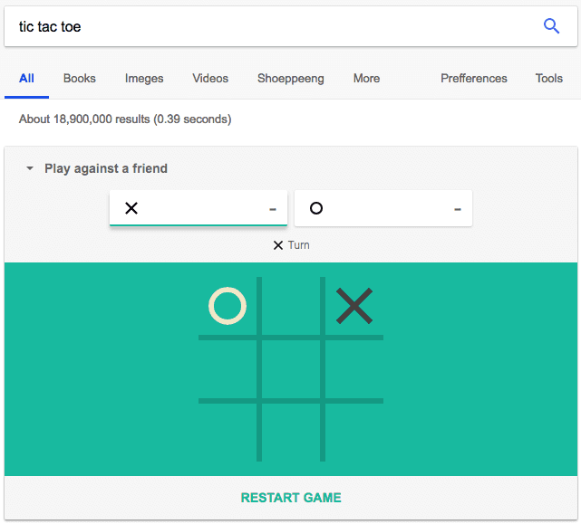 Google Easter egg allowing you to play tic tac toe