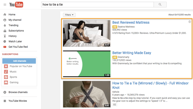 Two TrueView Video Discovery Ads in a YouTube search result