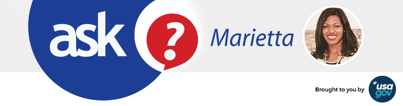 Ask Marietta banner with question mark in a red speech bubble, a picture of Marietta Jelks, Editor in Chief of the Consumer Action Handbook, and the logo/text 