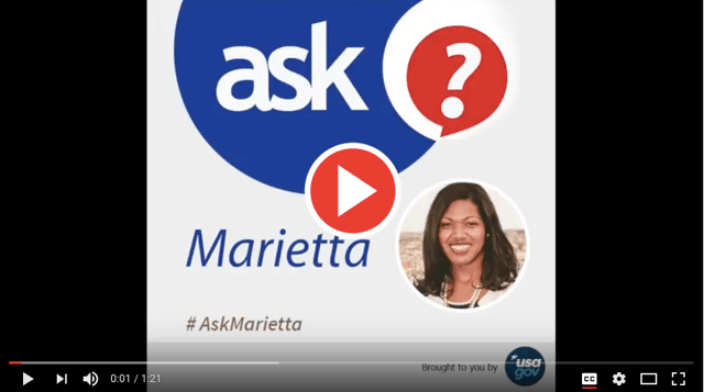 Youtube Screenshot of Ask Marietta (#AskMarietta) with image of Marietta Jelks of USAGov and red play button in center