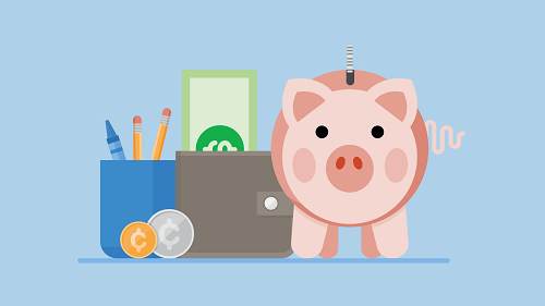 A cartoon of a piggy bank, wallet with cash and coins, and a cup of pencils and crayons, symbolizing learning/growing with money