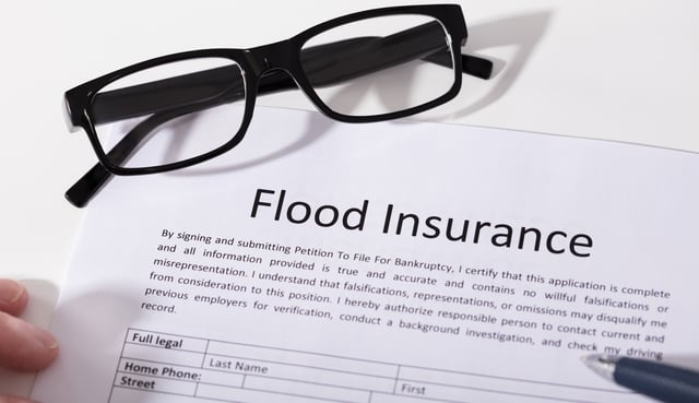 Black reading glasses over flood insurance documents on a table. 