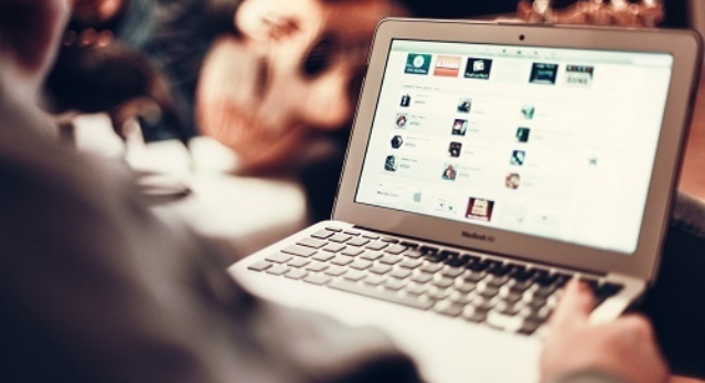 A person looks at images and text on the screen of a laptop computer