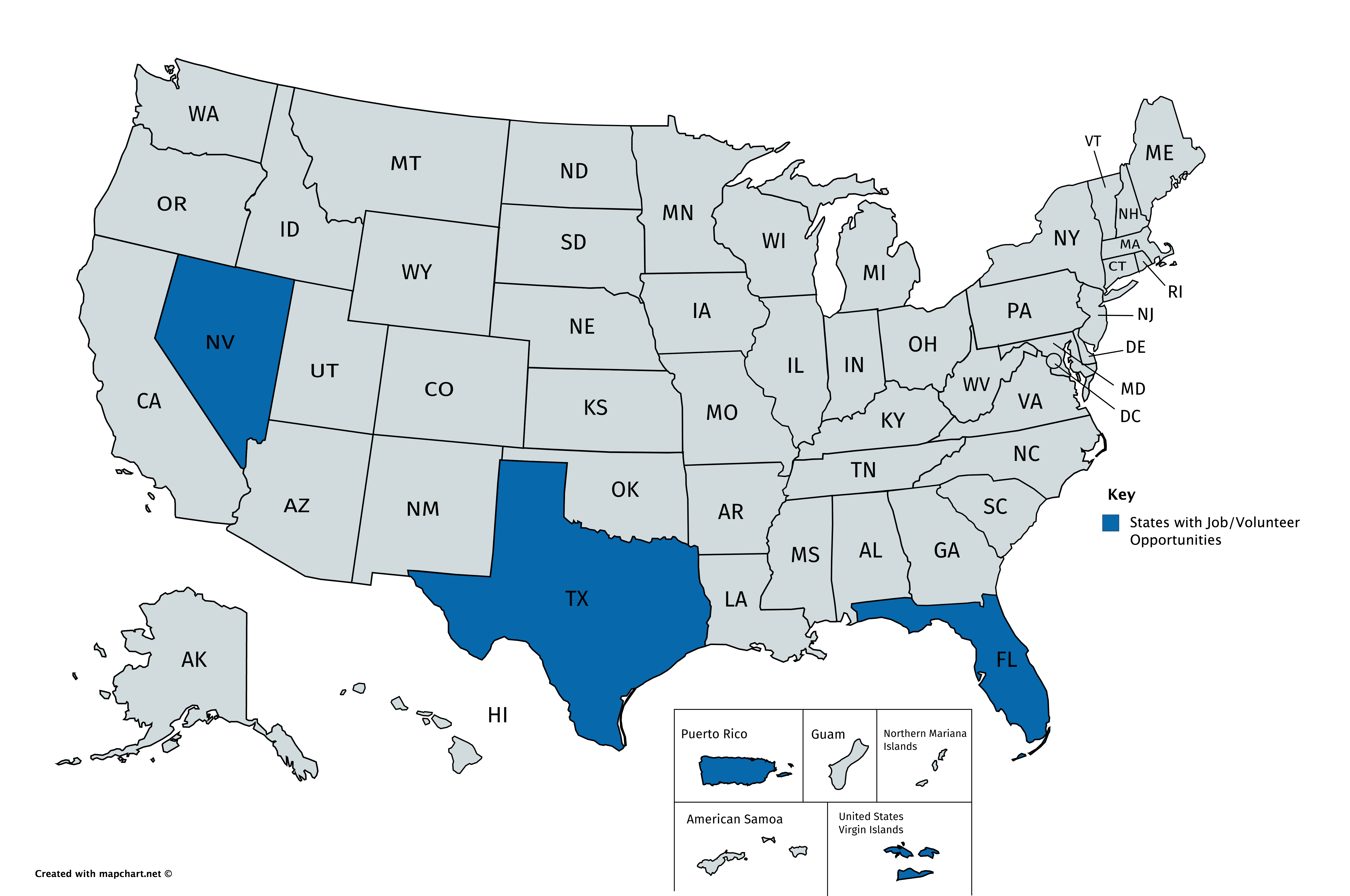 map of highlighted states (nevada, florida, texas, puerto rico, USVI) with opportunities for work/volunteering
