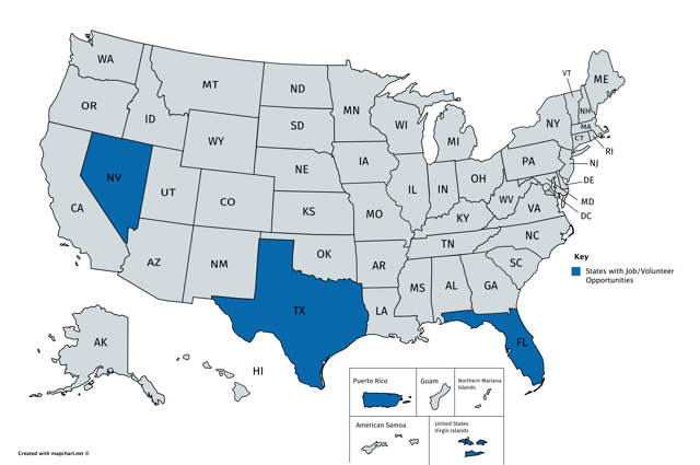 map of highlighted states (nevada, florida, texas, puerto rico, USVI) with opportunities for work/volunteering