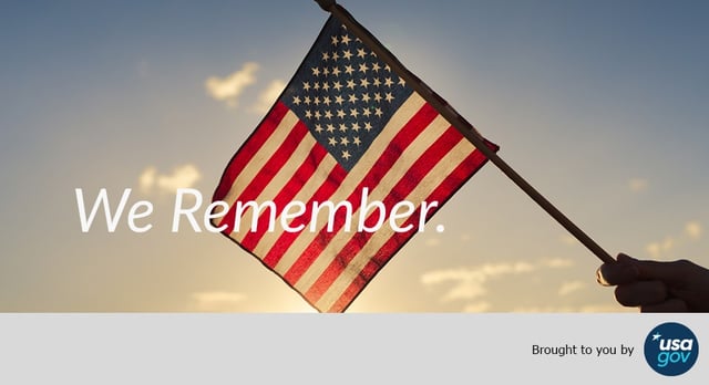 American flag over a sunset. Text over images reads: We remember. Brought to you by USAGov. 