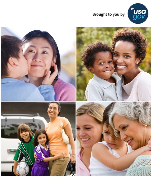 Four pictures of various moms with their children embracing or kissing one another.