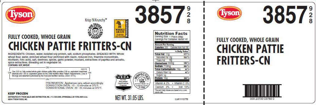 The RTE breaded chicken items were produced and packaged on various dates from Aug. 17, 2016 through Jan.14, 2017. The following products are subject to recall: 31.86-lb. bulk cases of “Tyson FULLY COOKED, WHOLE GRAIN STRIP-SHAPED CHICKEN PATTIE FRITTERS-CN” with case code 003859-0928 and production dates of 09/09/2016, 10/05/2016, 10/14/2016, 10/15/2016, 11/09/2016, 12/10/2016, 12/30/2016 and 01/14/2017. 31.05-lb. bulk cases of “Tyson FULLY COOKED, WHOLE GRAIN CHICKEN PATTIE FRITTERS-CN” with case code 003857-0928 and production dates of 11/12/2016.  30.6-lb. bulk cases of “Tyson FULLY COOKED, WHOLE GRAIN BREADED CHICKEN PATTIES-CN” with case code 016477-0928 and production dates of 09/10/2016, 09/16/2016, 09/23/2016, 09/30/2016 and 10/06/2016. 30.6-lb. bulk cases of “Tyson FULLY COOKED, WHOLE GRAIN CHUNK-SHAPED BREADED CHICKEN PATTIES-CN” with case code 016478-0928 and production dates of 09/16/2016, 09/28/2016 and 10/06/2016. 20.0-lb. bulk cases of “Tyson FULLY COOKED, BREADED CHICKEN PATTIES-CN” with case code 005778-0928 and production dates of 09/14/2016, 09/19/2016 and 10/03/2016. 32.81-lb. bulk cases of “Tyson FULLY COOKED, WHOLE GRAIN GOLDEN CRISPY CHICKEN CHUNK FRITTERS-CN CHUNK-SHAPED CHICKEN PATTIE FRITTERS” with case code 070364-0928, packaging and production date of 08/17/2016. 20-lb bulk cases of “SPARE TIME, Fully Cooked Breaded Chicken Patties” with case code 005778-0861 and production date of 10/03/2016. 20-lb bulk cases of “SPARE TIME, Fully Cooked Chicken Pattie Fritters” with case code 016477-0861 and production date of 09/16/2016 and 10/06/2016.