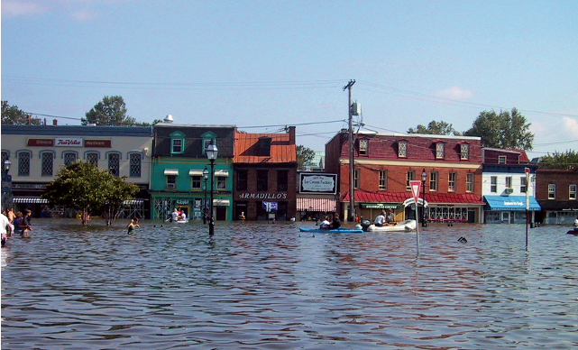 Flood in front of shops in town. Link goes to FTC's flood insurance scams page.
