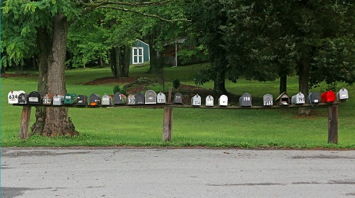 Row of mailboxes in front of a house and forest on the side of a street