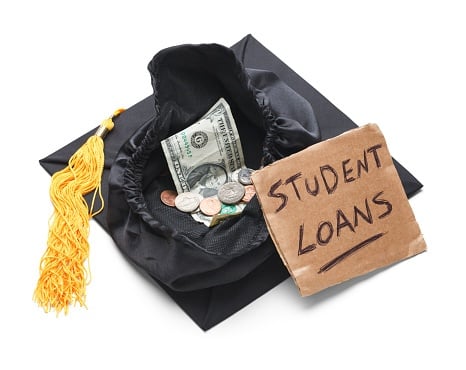 Upside down graduation cap with money in it and sign that says Student Loans