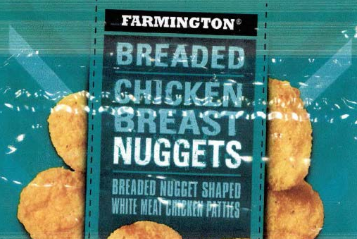 Farmington Breaded Chicken Breast Nuggets Packaging. Takes you to images of recalled food products.