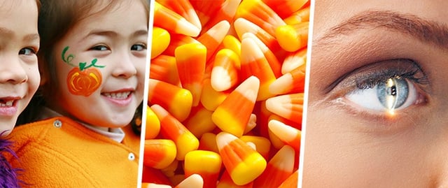Girls smiling with face paint, candy corn, and glowing costume contact lens