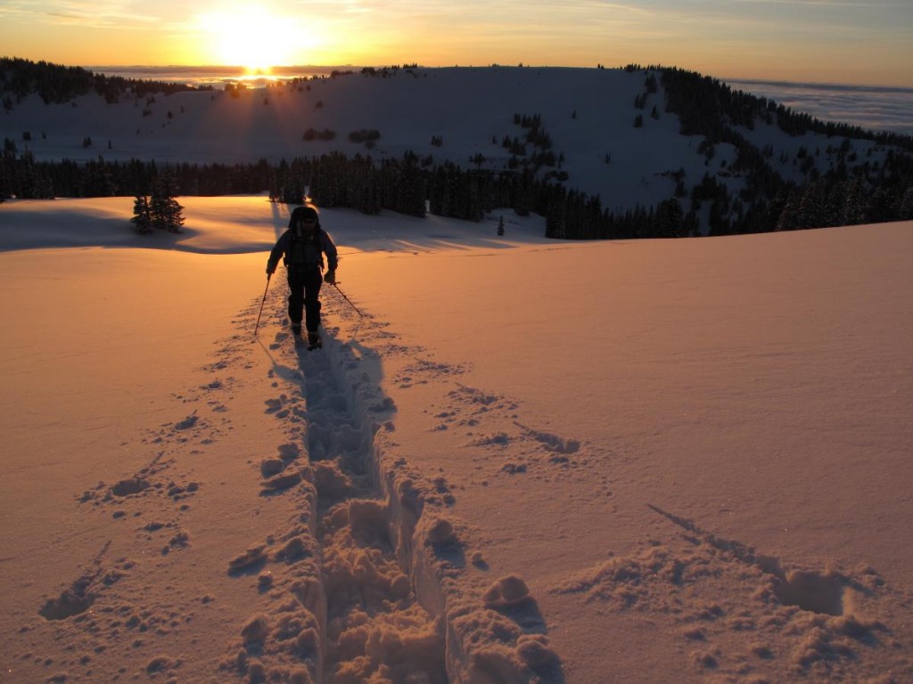 Ski touring across a snowfield at sunset