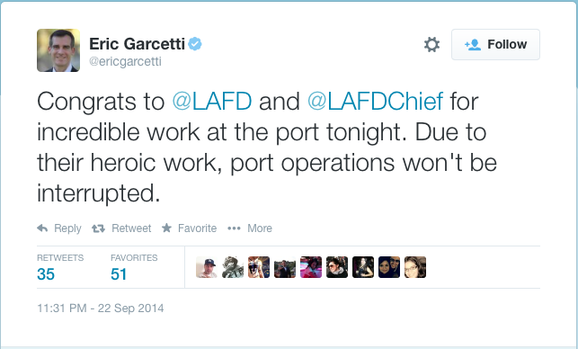 Mayor Eric Garcetti Fire Department Twitter Congrats 