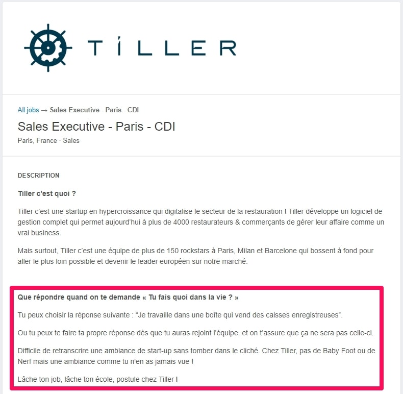Annonce d'emploi de Tiller