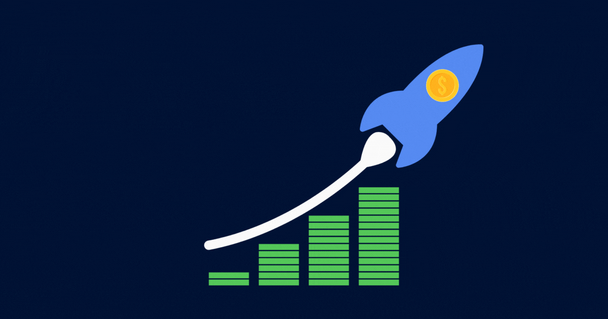 A rocket ship blasting off over a bar graph with increasing increments.