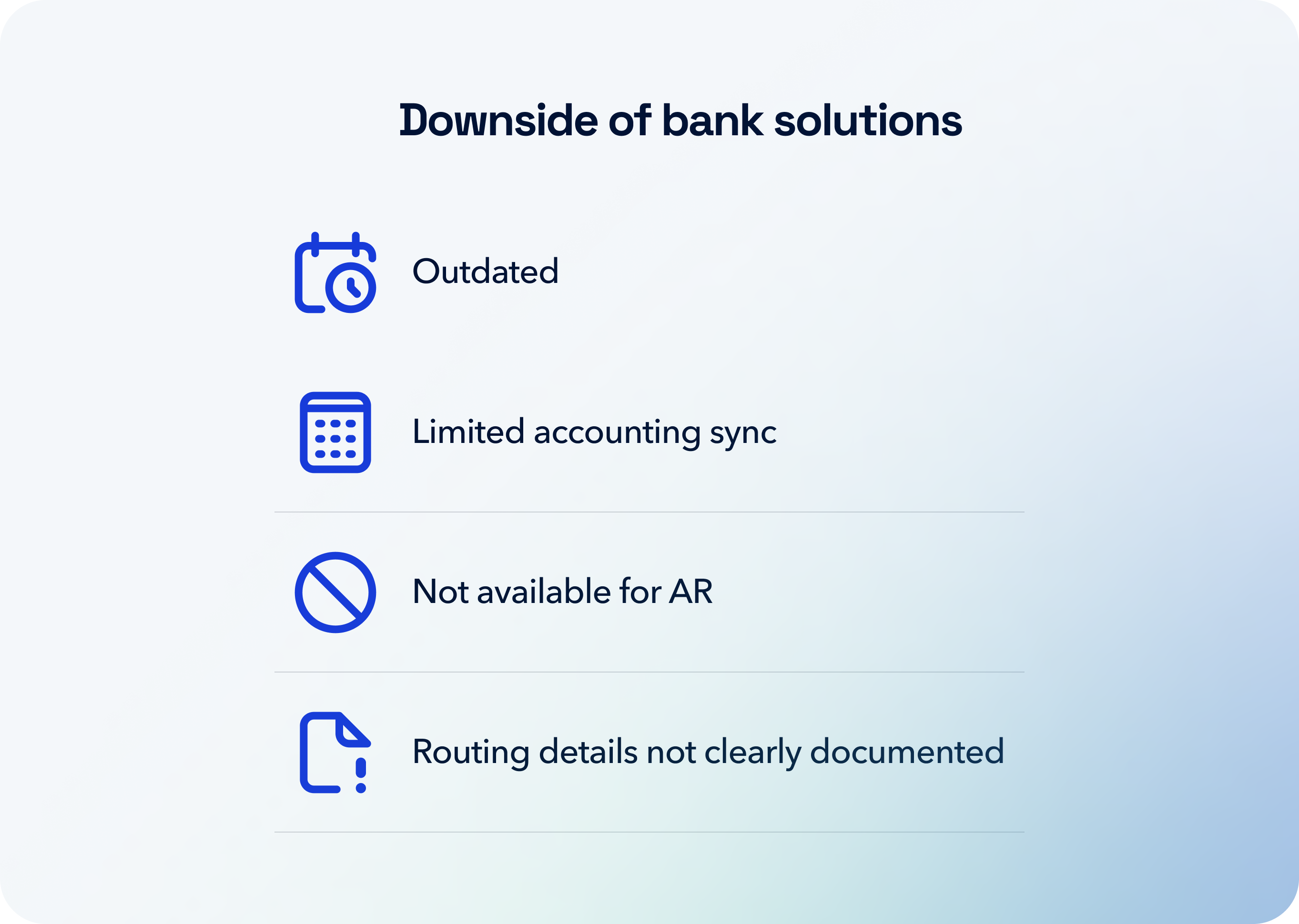 Downside of bank solutions