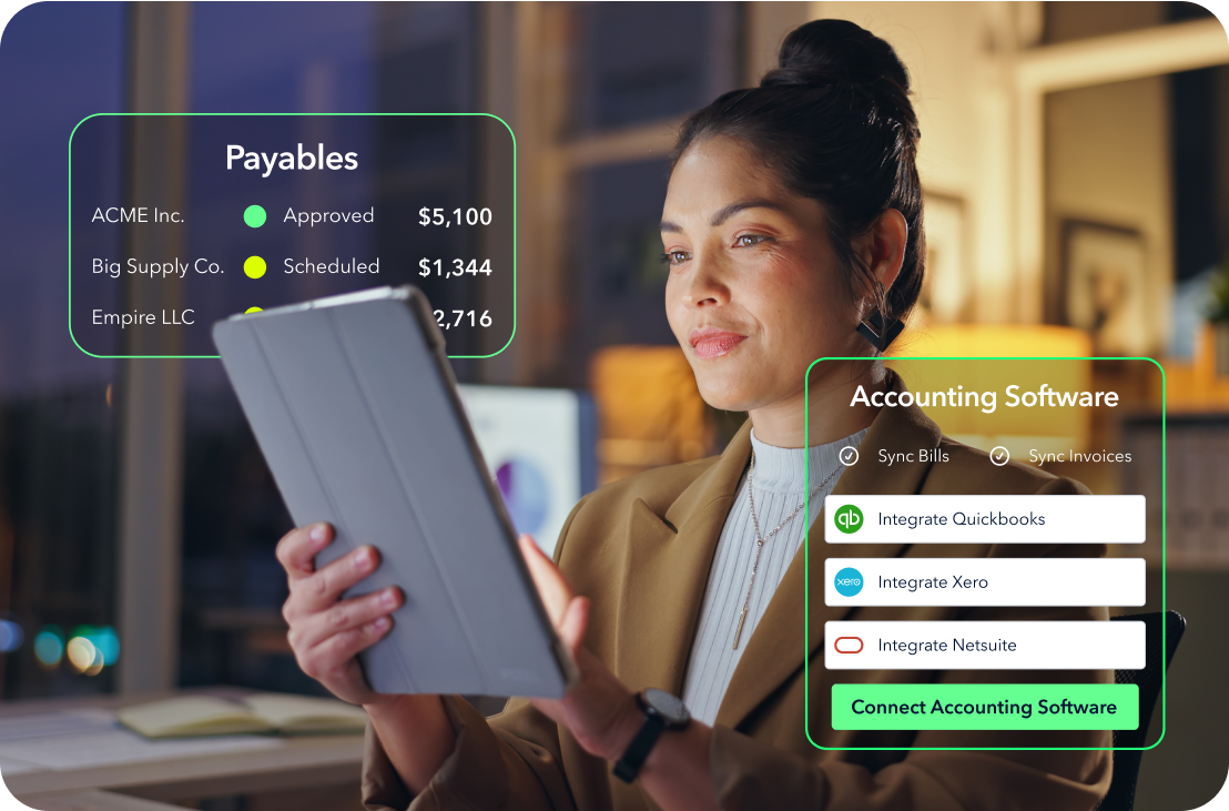 Woman using accounts payable software on her tablet to streamline payment workflows.