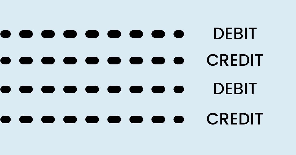 Four dotted lines with the word debit or credit next to each one.