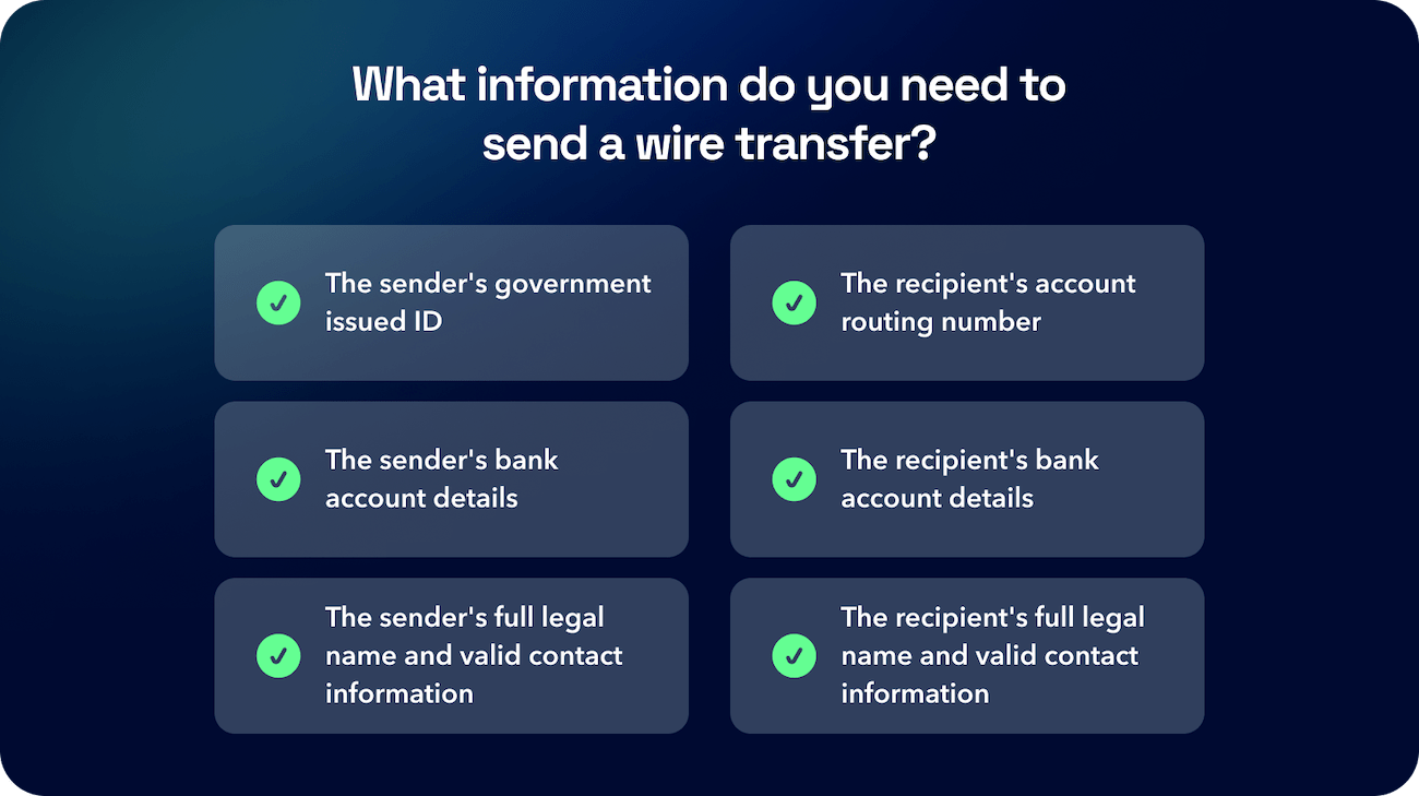 What information do you need to send a wire transfer: ID, account details, full legal name, routing number