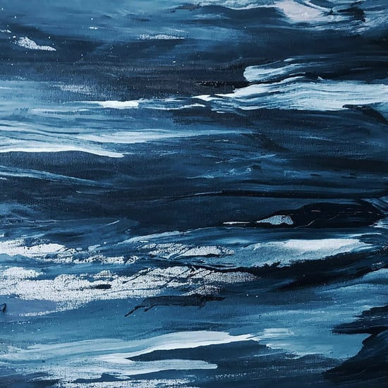 Close-up of oil paint brush strokes, various shades of blue
