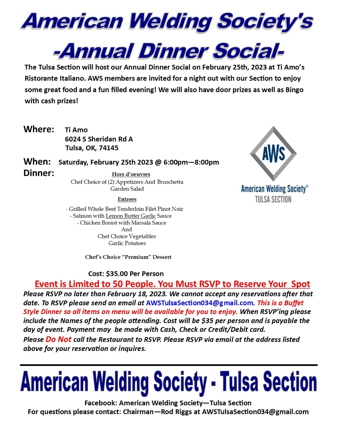2023 AWS Dinner Social Flyer
