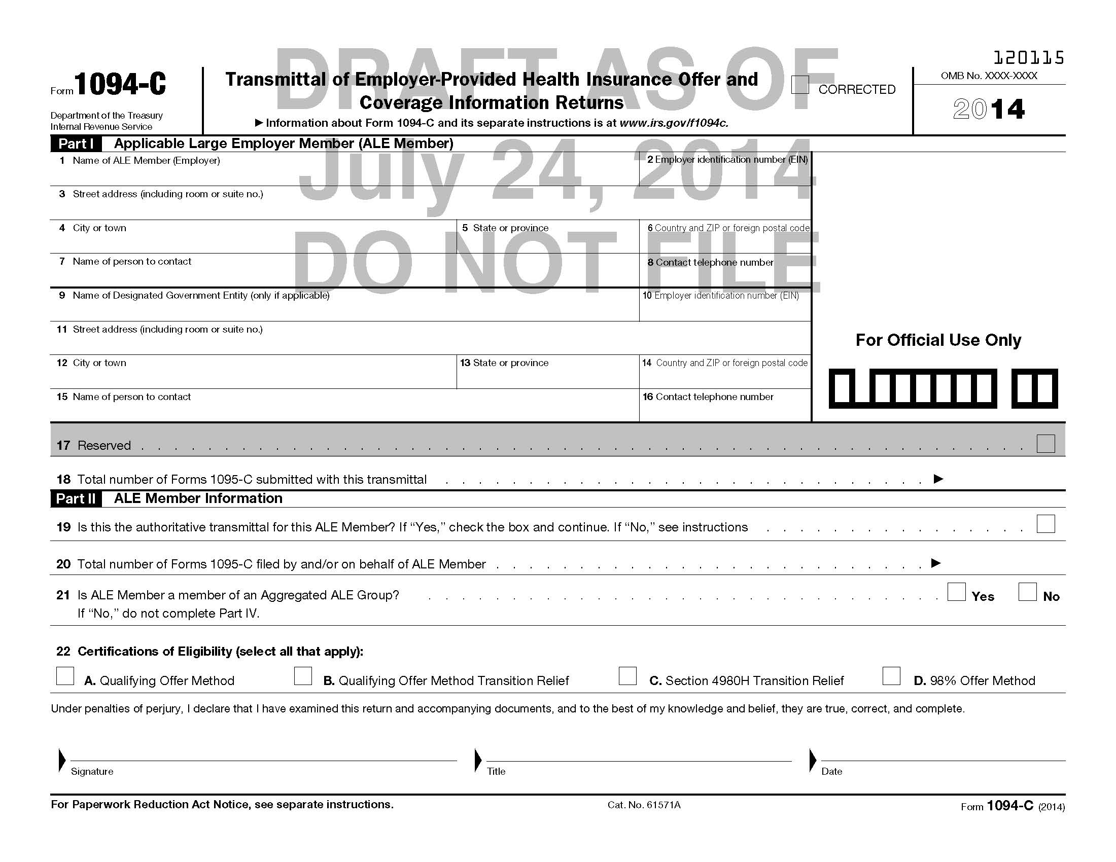 IRS Releases Draft Forms for Health Coverage Information Reporting by