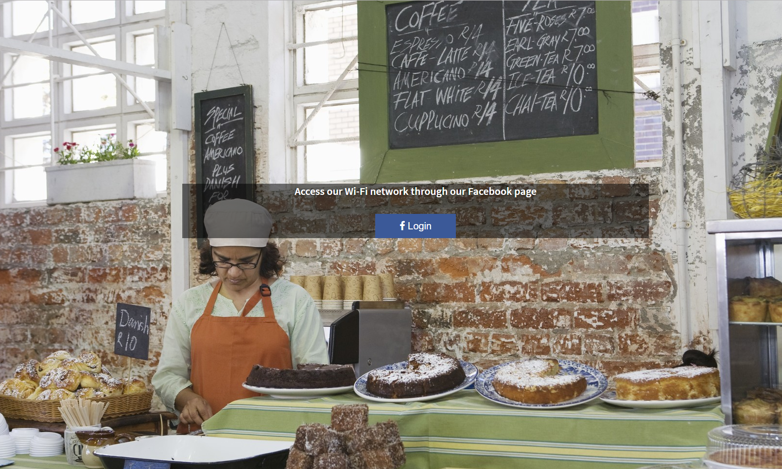 Tanaza Splash page 5: Facebook login authentication for a café