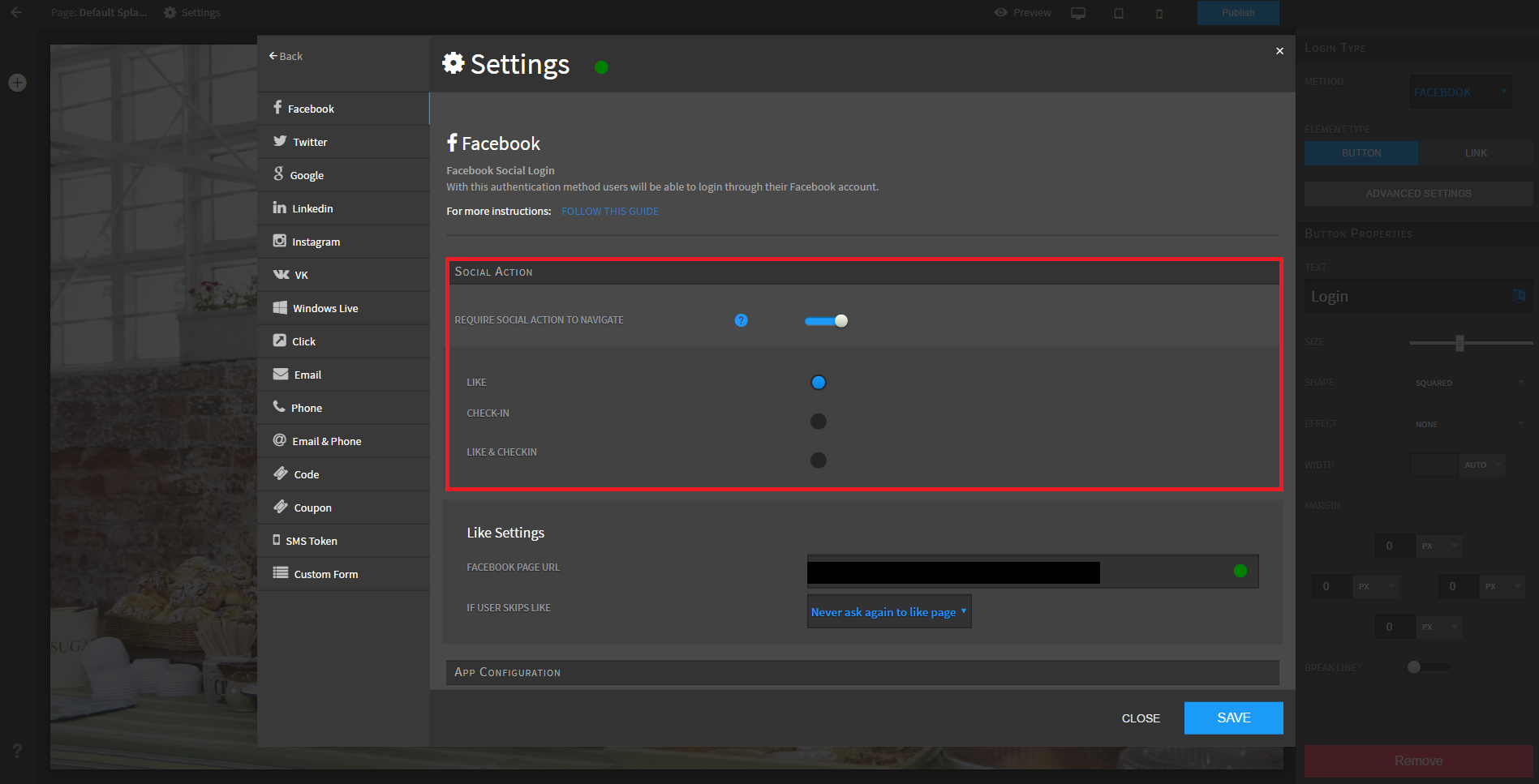 Tanaza Screenshot 4: select the social action for your Facebook login in settings