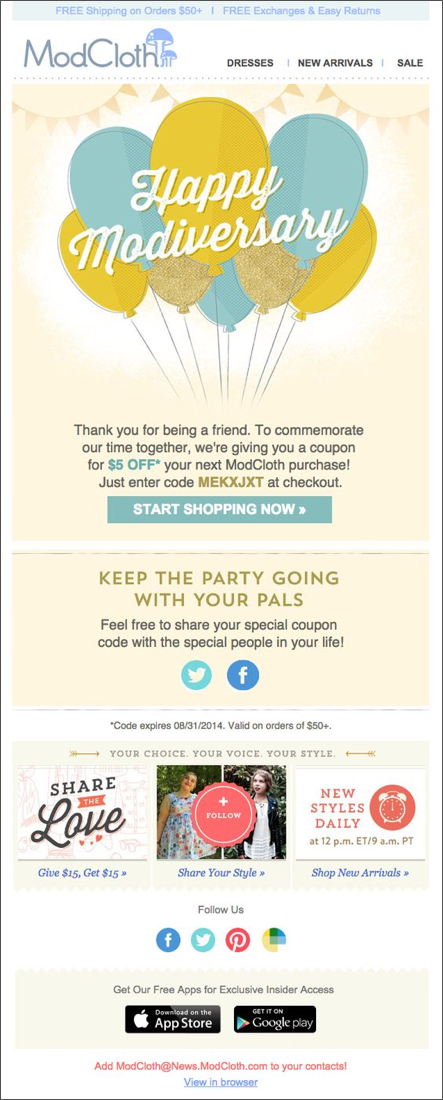 ModCloth Anniversary Marketing Email