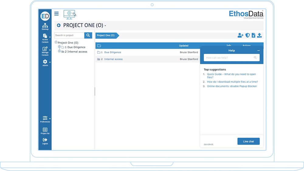 EthosData virtual data room - main dataroom menu