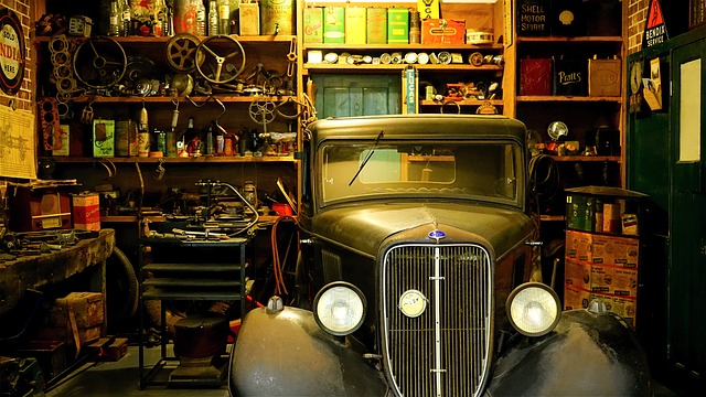 cluttered garage workshop antique vintage car