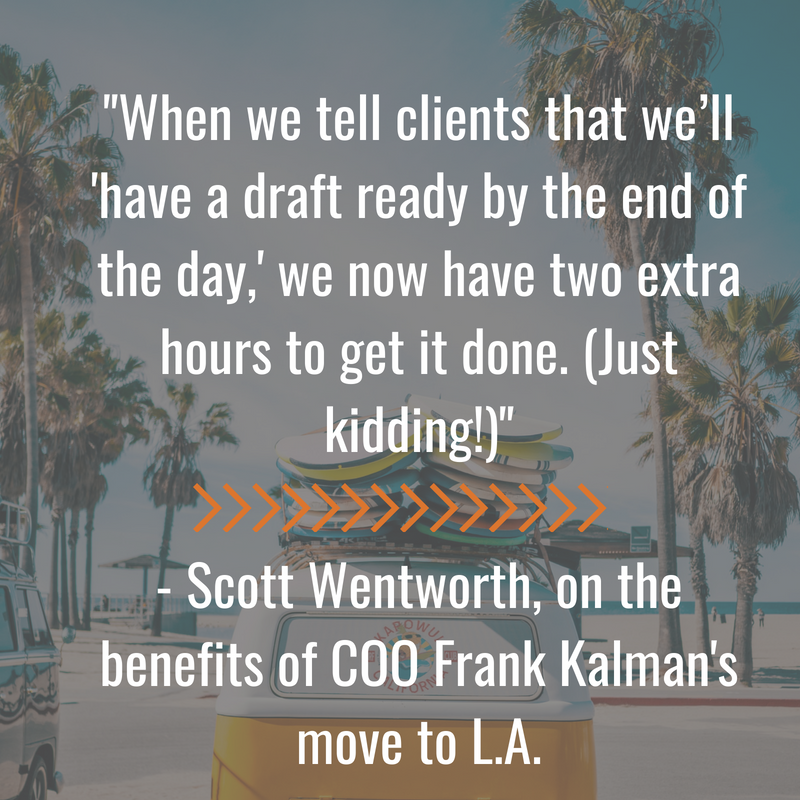 When we tell clients that we’ll “have a draft ready by the end of the day,” we now have two extra hours to get it done. (Just kidding!)