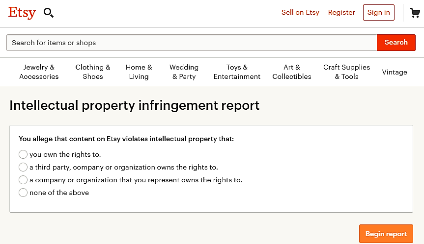 The Etsy IP infringement report form