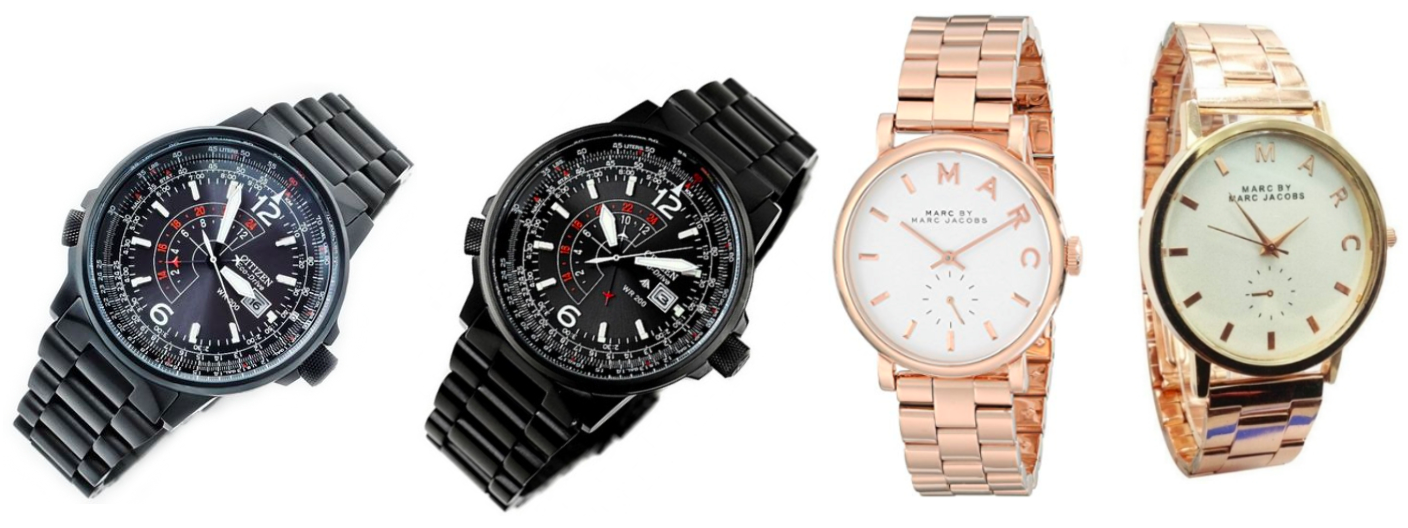 Counterfeit watches, next to their authentic versions