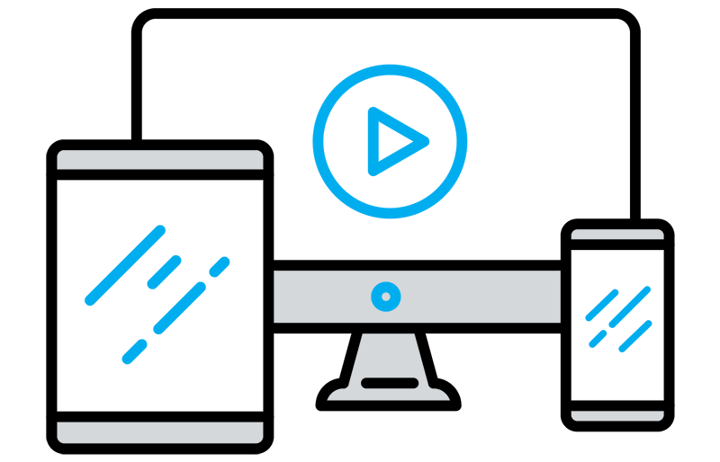 Illustration of computer, mobile, and tablet devices able to play videos
