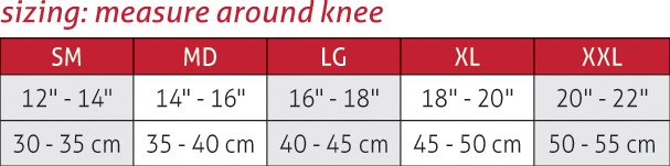 Hinged Knee Brace Size Chart