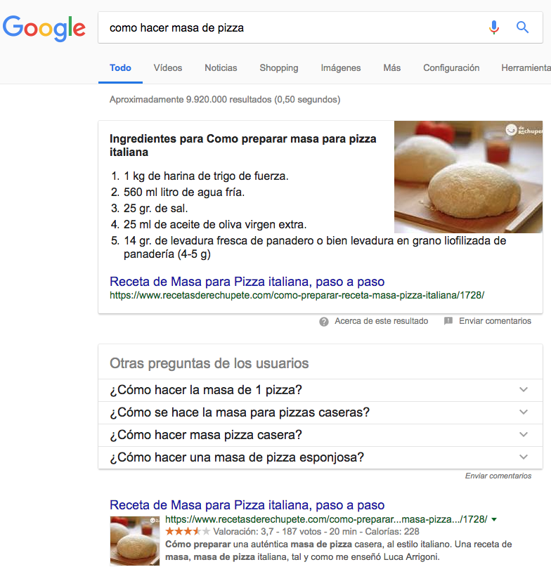 Ejemplo de resultado con snippet de preguntas de otros usuarios
