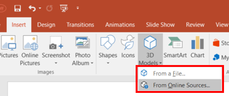 Inserting 3D models dropdown