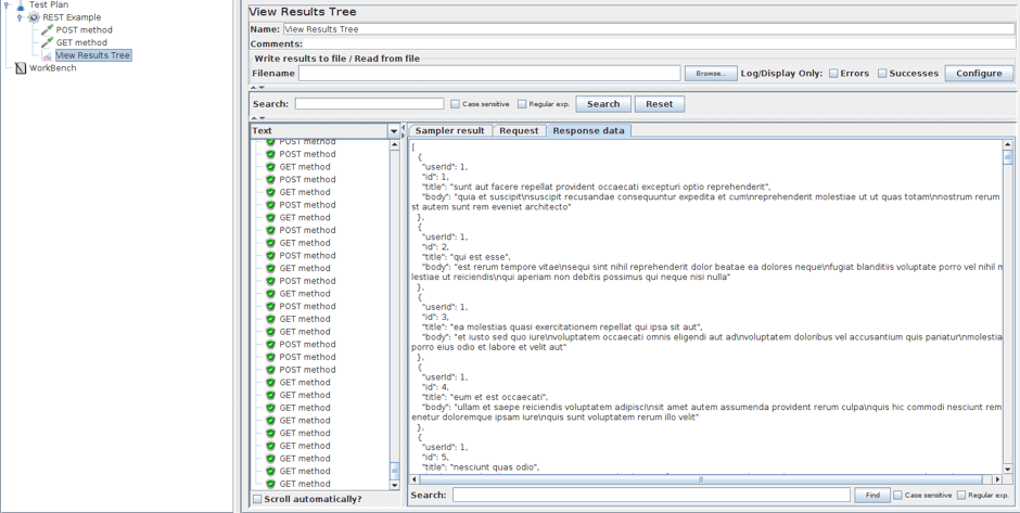 In the View Results Tree you can see all the posts received by the GET method. API testing