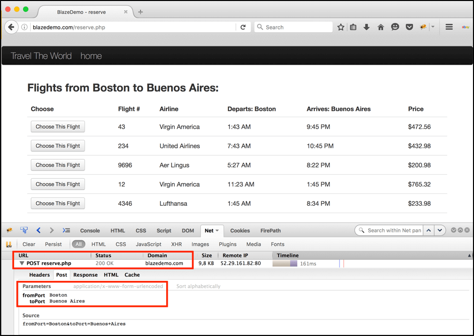 The ‘Find Flights’ button sends a request to ‘/reserve.php’ endpoint with ‘fromPort’ and ‘toPort’ parameters.