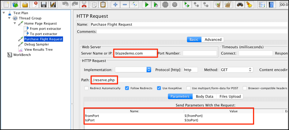 jmeter, sends a call to /reserve.php endpoint path with two parameters: fromPort and toPort.