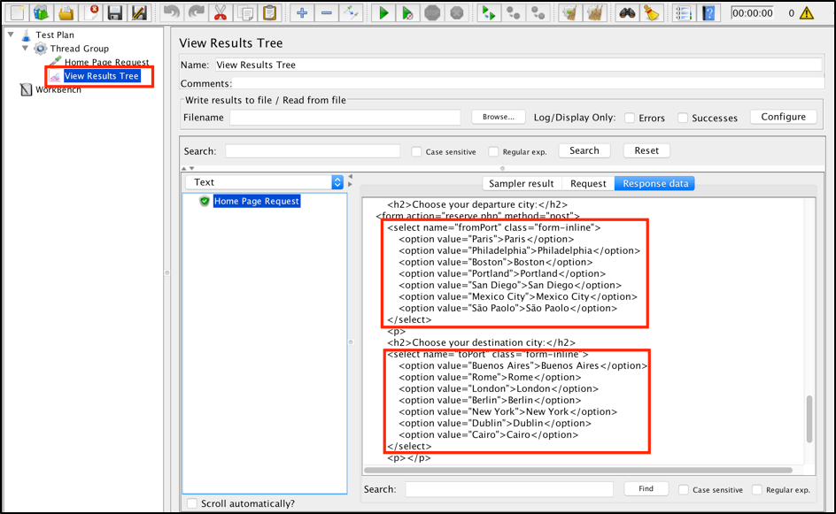 css/jquery extractor on jmeter, Now run the script. You will find all the available departure and arrival cities in the home page response: