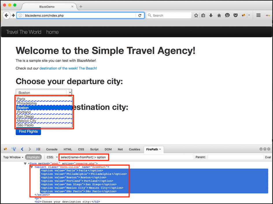 For departure cities extraction we can use the CSS locator: select[ data-cke-saved-name=fromPort] name=fromPort] &gt; option