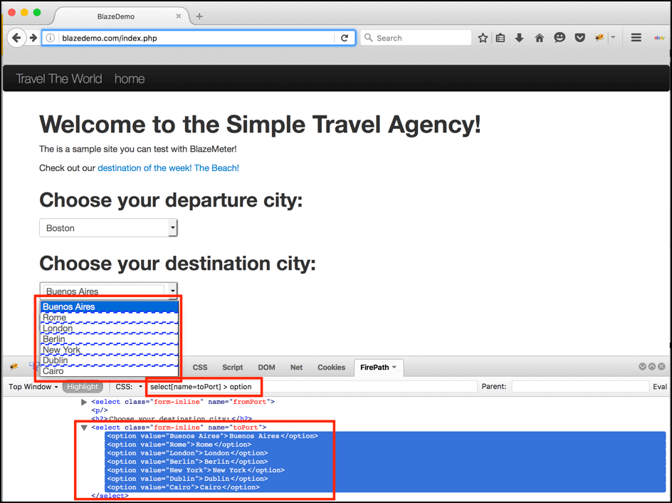 In the same way we can get destination cities: select[ data-cke-saved-name=toPort] name=toPort] &gt; option
